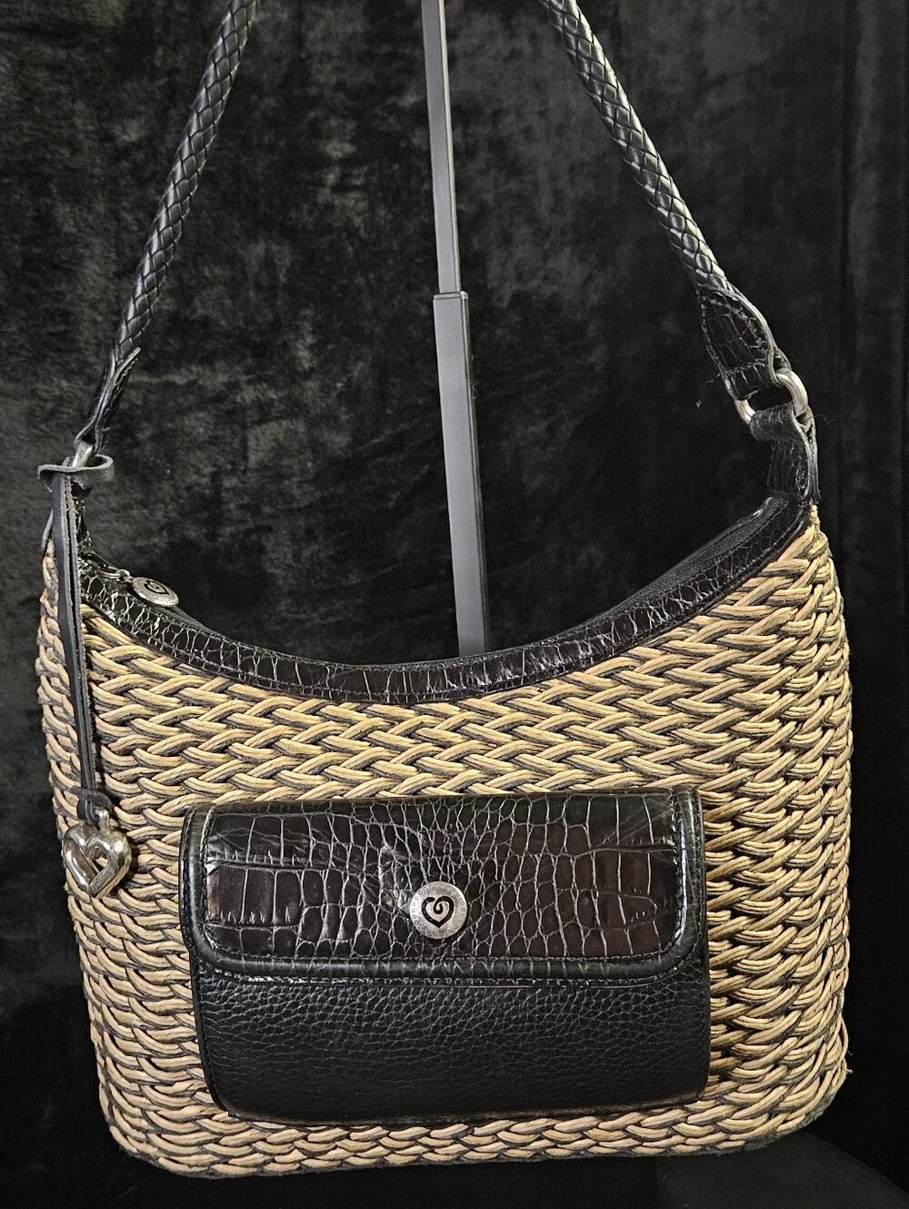 Brighton Edna Woven Straw Hobo Bag with Front Leather Pocket